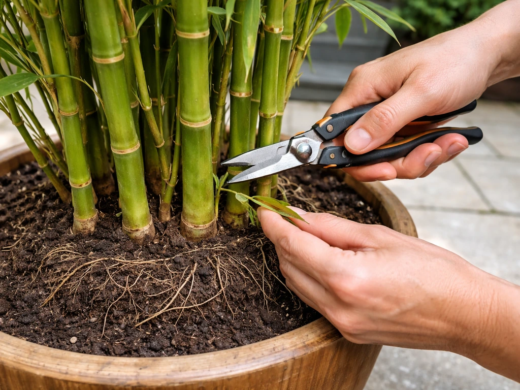 Close-up of hands pruning container bamboo and inspecting pot roots for pot-bound circling.