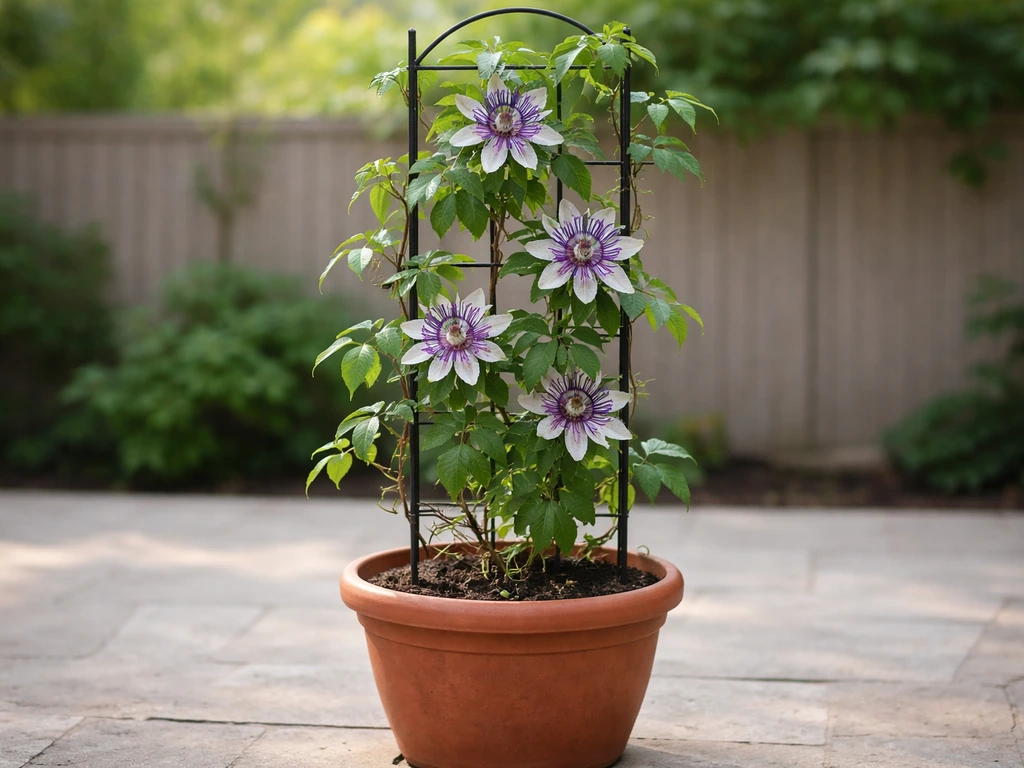 A potted passion flower climbing a small trellis outdoors with purple blooms visible.
