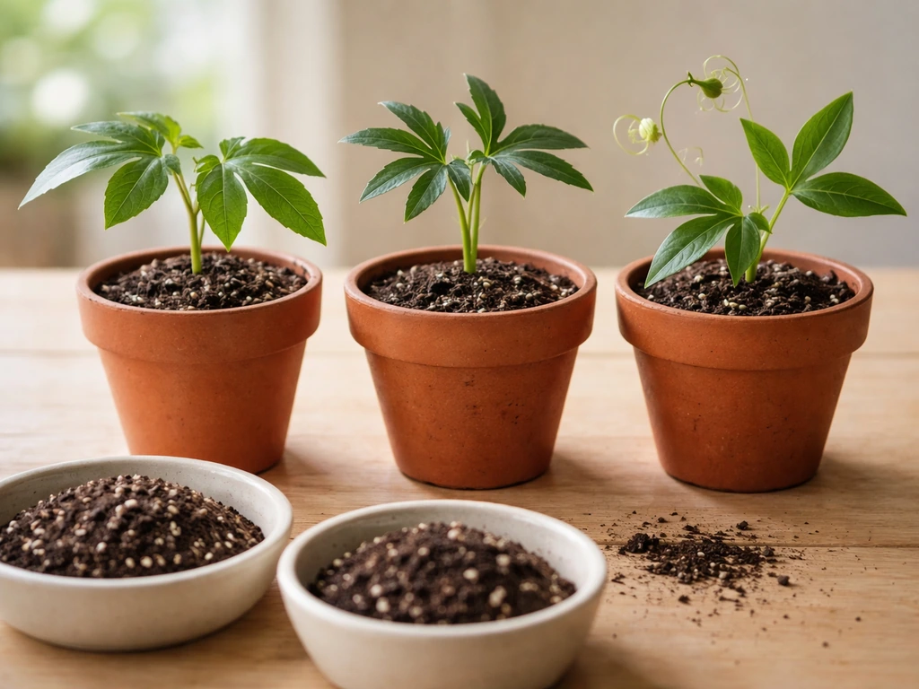 Close-up of several passion-flower seedlings in small pots with potting mix on a wooden surface.