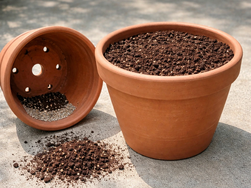 Large pot with several drainage holes and layered potting setup for passion flower planting.