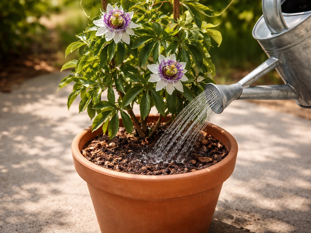 A watering can gently waters soil around a passion flower plant without puddles.