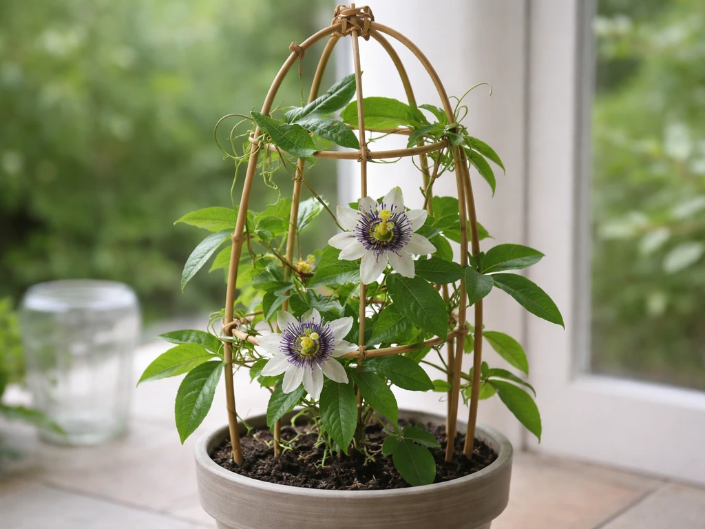 Potted passion flower vine trained onto a small bamboo hoop trellis, with tendrils secured to it.