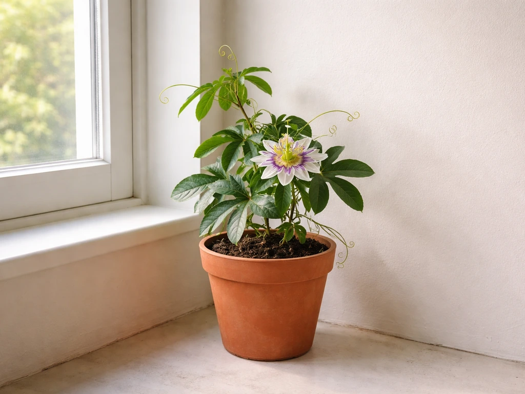 Potted passion flower indoors near a window, sheltered for winter before frost