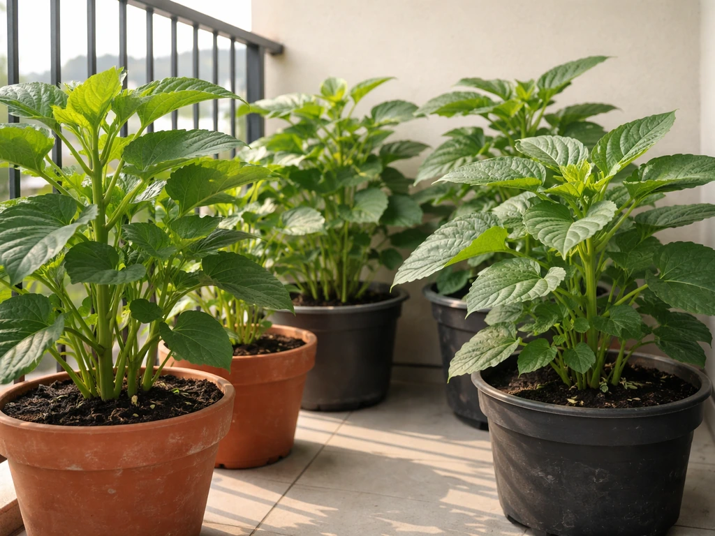 Healthy callaloo plants growing in pots on a quiet balcony patio with lush leafy green foliage.