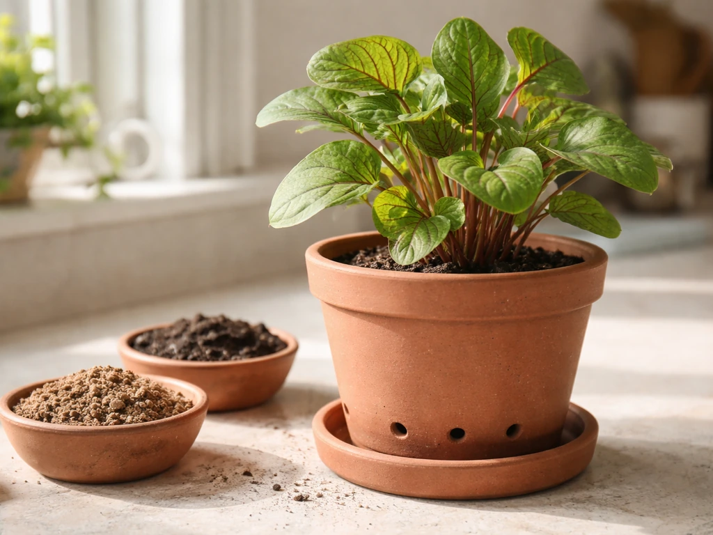 Terracotta callaloo pot with visible drainage holes on a stand, showing dry vs wet soil nearby.