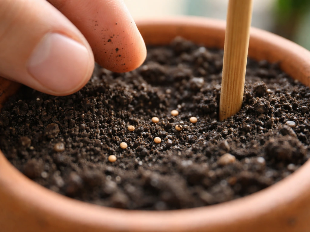 Close-up of tiny seeds being planted in shallow soil in a small pot, with fingers and a depth stick.
