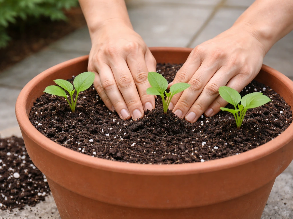 Hands planting spaced callaloo seedlings in a terracotta container with potting mix level near the rim.