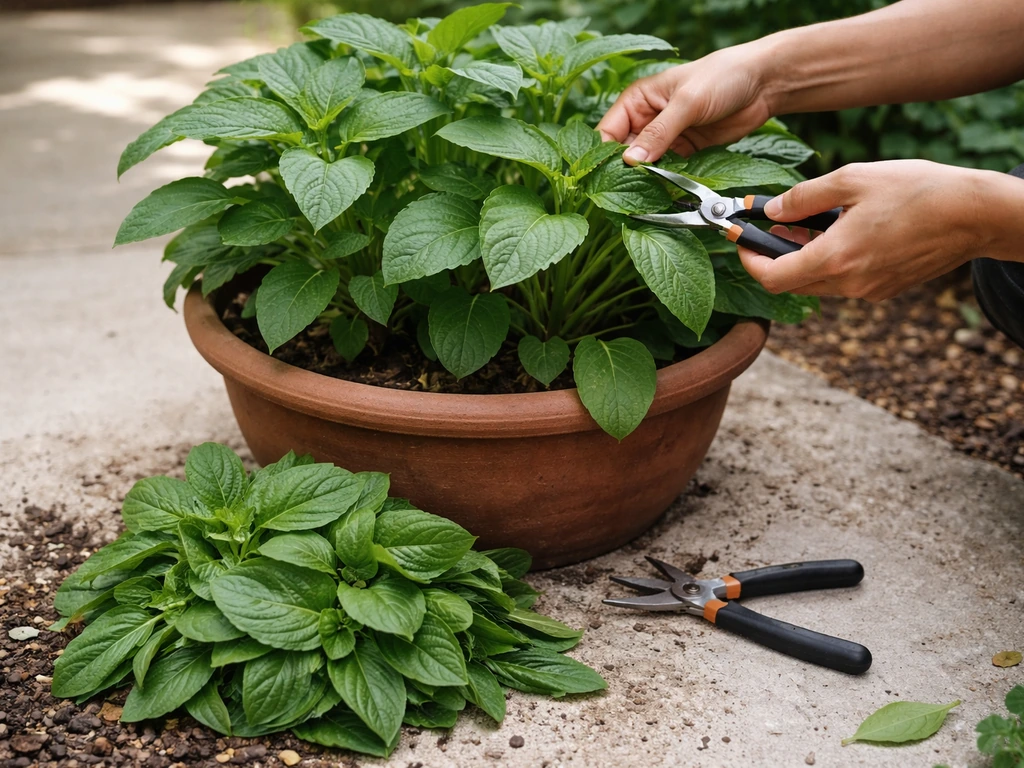 Hands harvesting callaloo leaves from a container, fresh cuttings in a small clean harvest pile