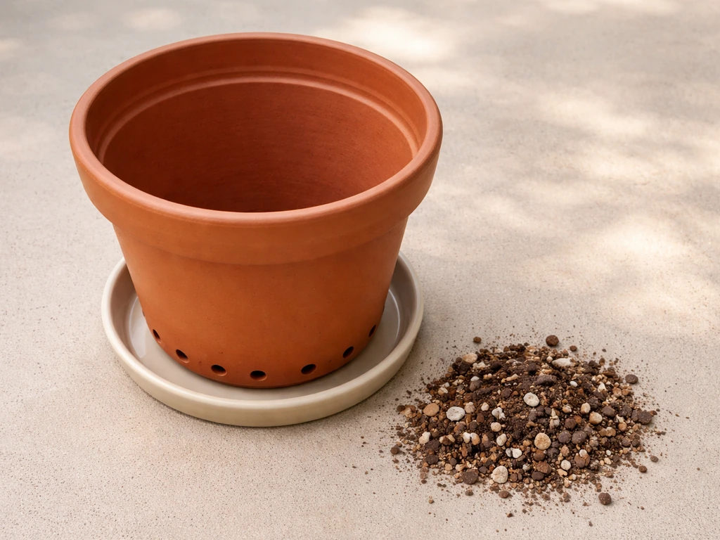 Top-down view of an empty pot on saucer with potting mix and drainage holes visible, showing proper setup.