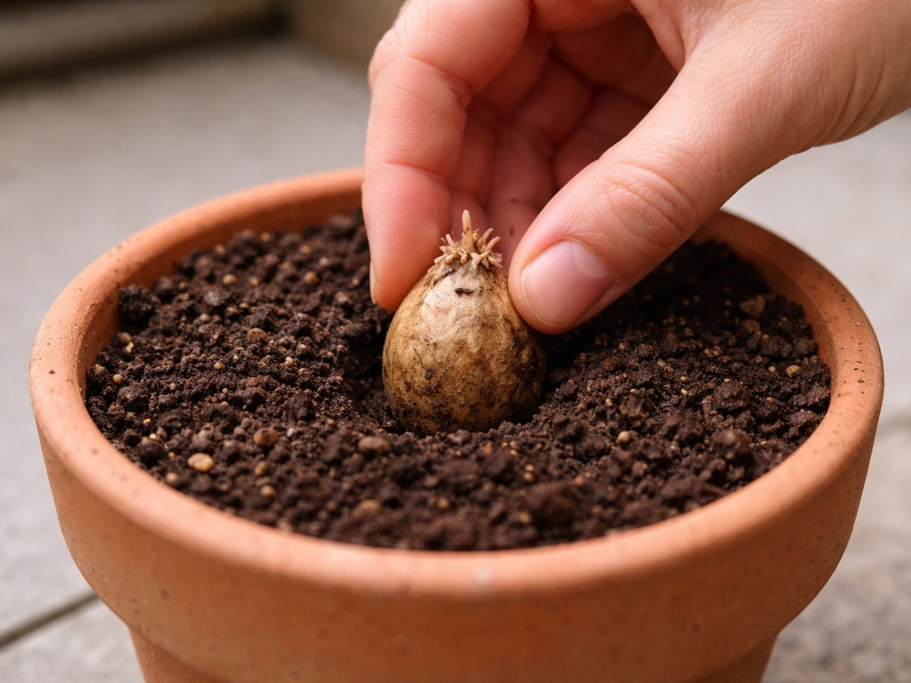 A gardener placing a corm/tuber into a pot of moistened potting mix, blunt end down, partial backfill.