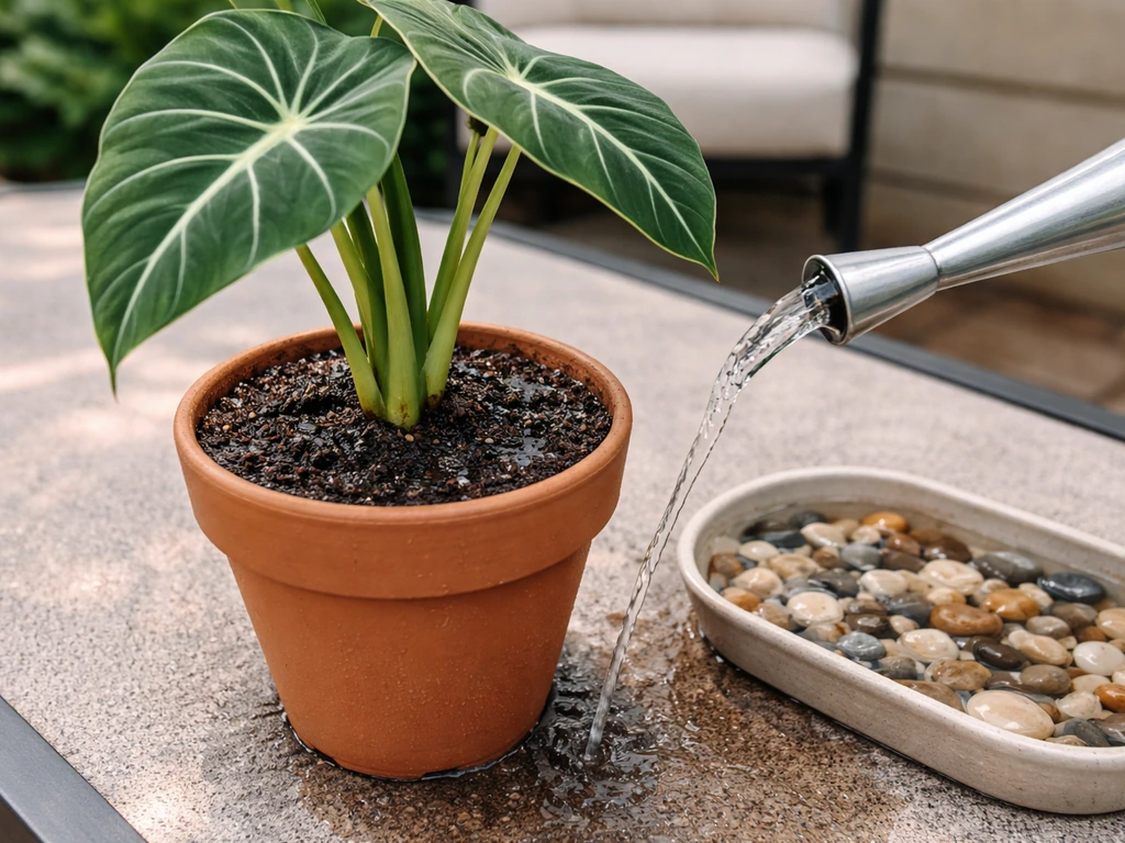 Watering a potted elephant ear with a watering can, with a pebble tray nearby for humidity