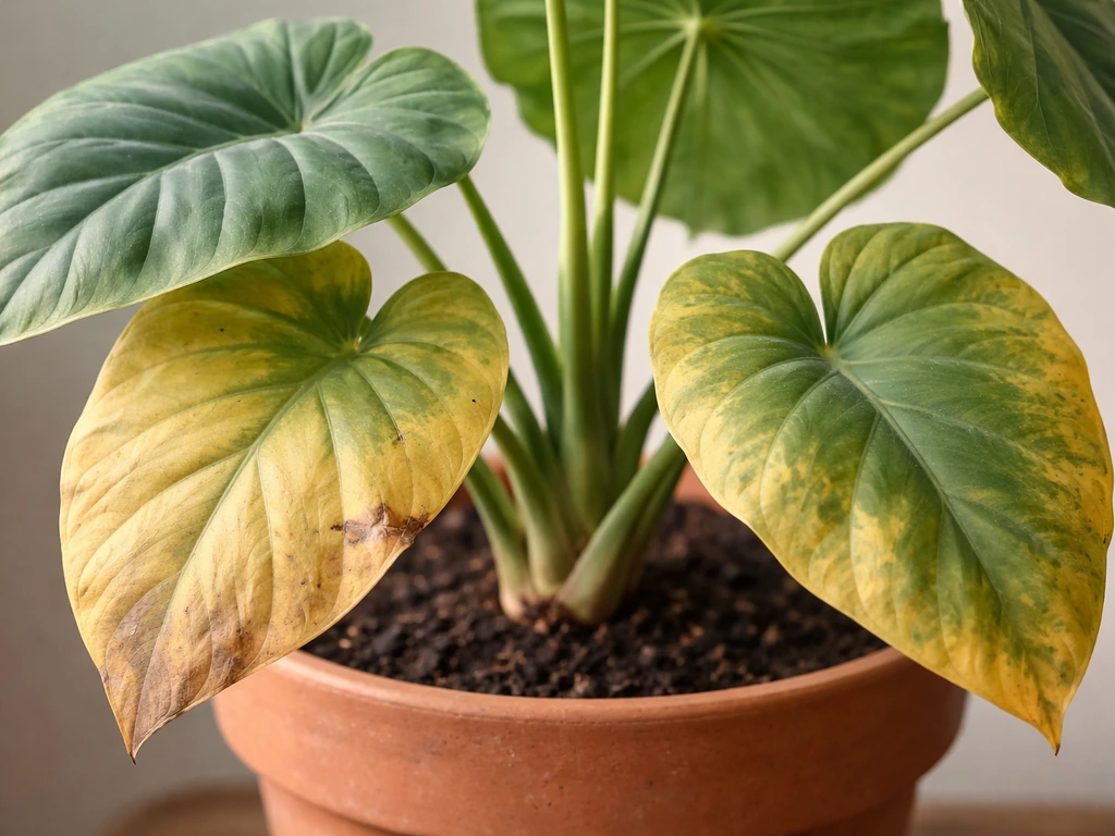 Close-up of yellowing elephant ear leaves in a potted plant showing bottom-up discoloration.