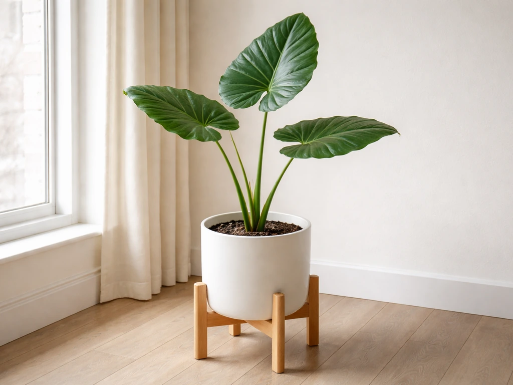 Potted elephant ears moved indoors near a bright window, leaves resting in a bright winter spot.