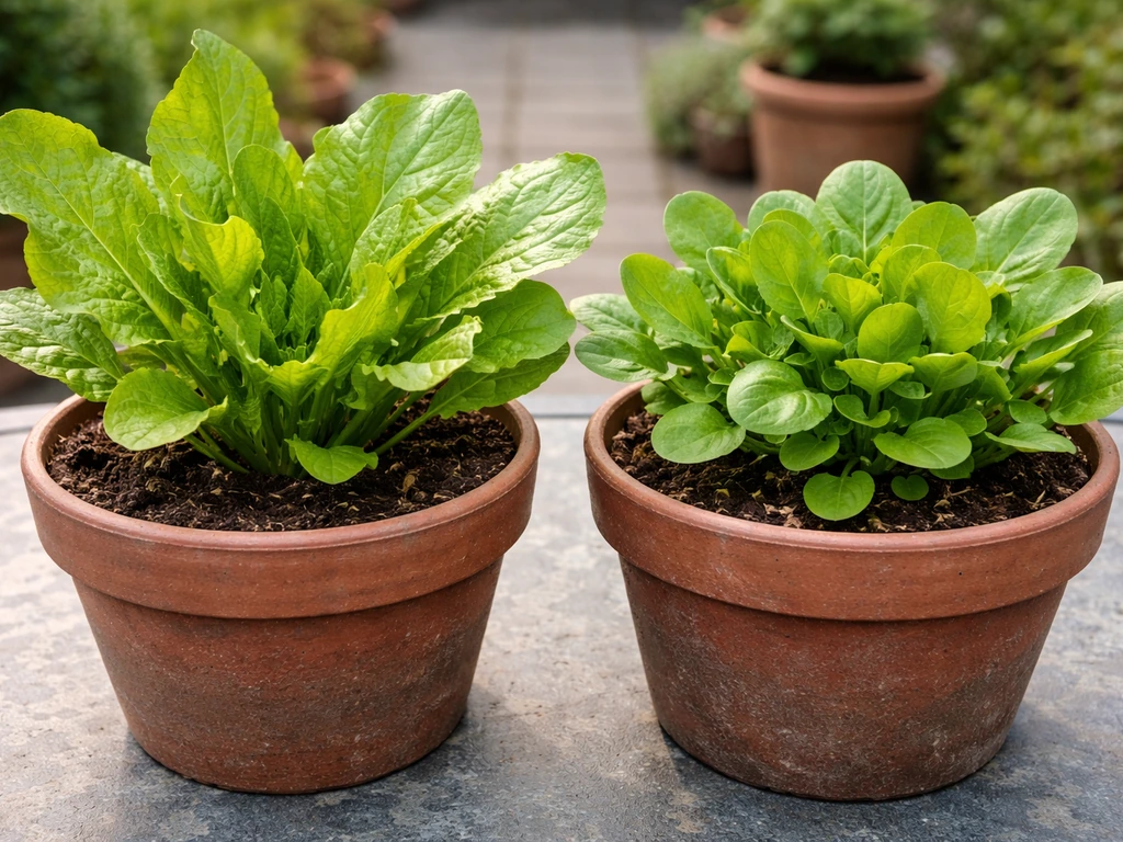 Two sorrel varieties in separate containers, showing different leaf shapes and textures.