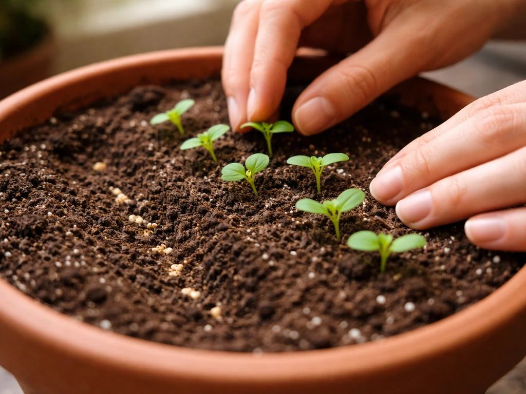 Hands place seedlings and shallow-sown seeds side by side in one pot of potting mix.