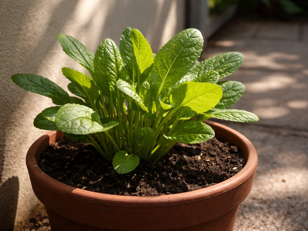 Potted sorrel plant in partial shade with sunlight pattern, leaves leaning toward the light.