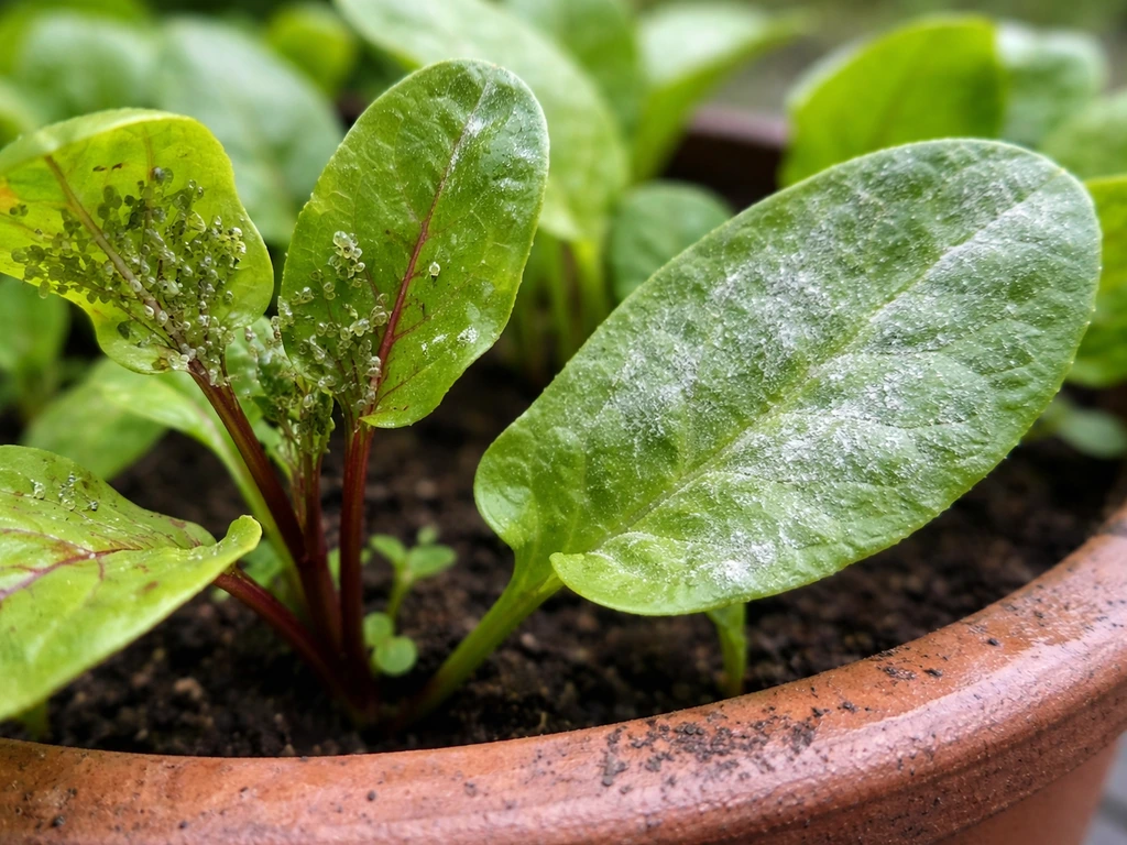 Close-up of container sorrel leaves with aphids on new growth and white powdery mildew on leaves.