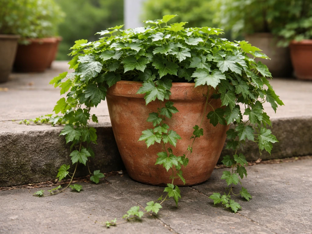 Lush trailing ivy thriving in a terracotta pot on an outdoor patio in natural light.