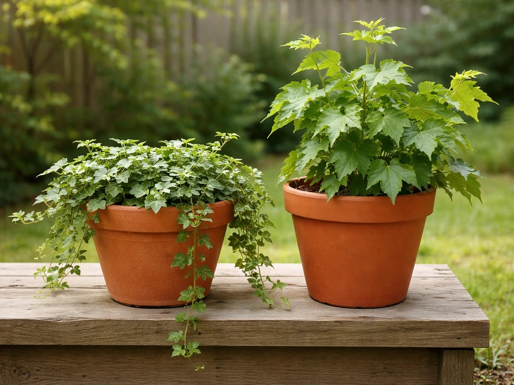 Two outdoor pots with English ivy and Boston ivy showing different leaf shapes and growth habits.