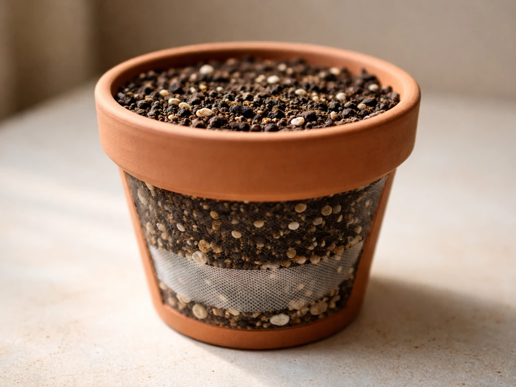 Close-up of a terracotta pot with drainage holes covered by mesh and filled with airy potting mix.