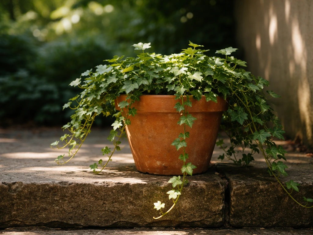 Potted English ivy in partial shade under a tree canopy near a shaded wall