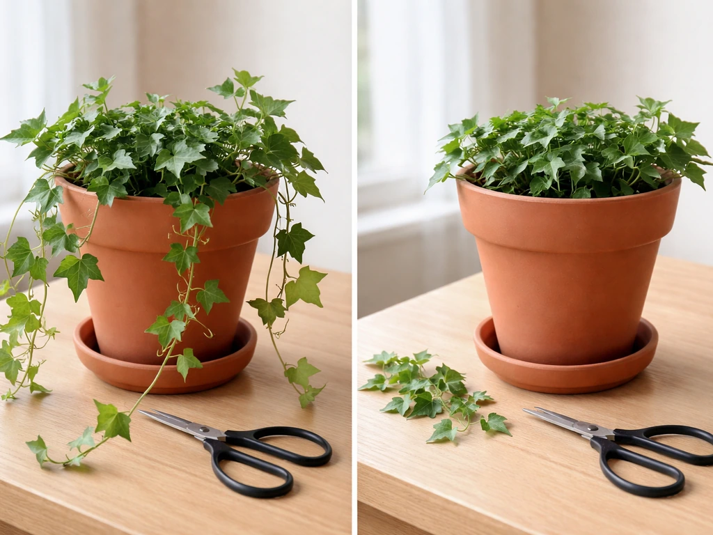 Terracotta pot with English ivy: trailing stems trimmed back and guided inward for a neat look.