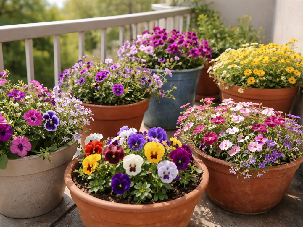 Bright home balcony with several flower pots in full bloom, lush containers for growing flowers at home.