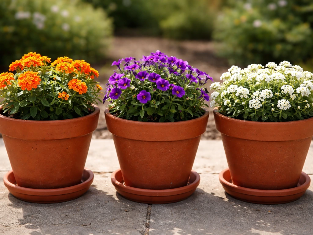 Three terracotta pots with compact flowering plants, including heat-tolerant and sun-loving blooms.