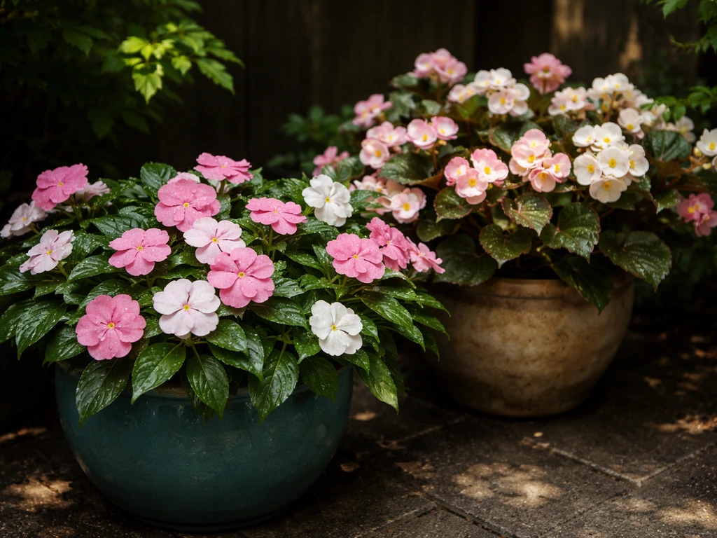 Lush impatiens and begonias thriving in shaded patio pots with dappled sunlight.