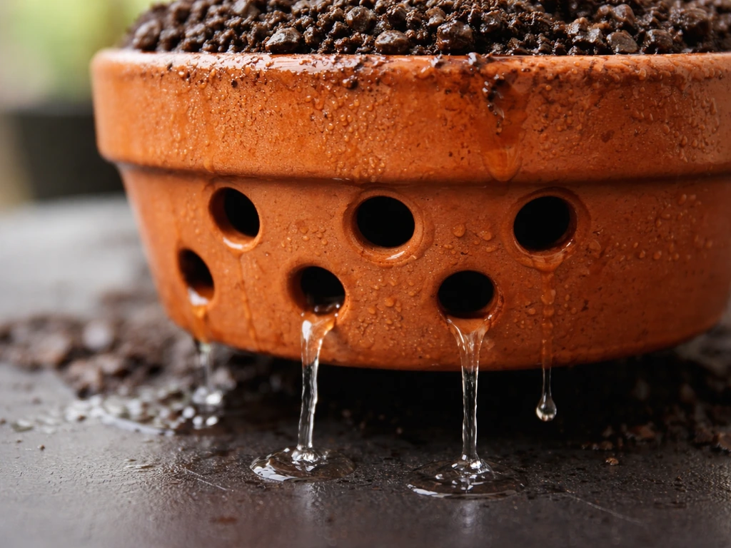 Close-up of a potted plant with visible drainage holes and water draining after watering.