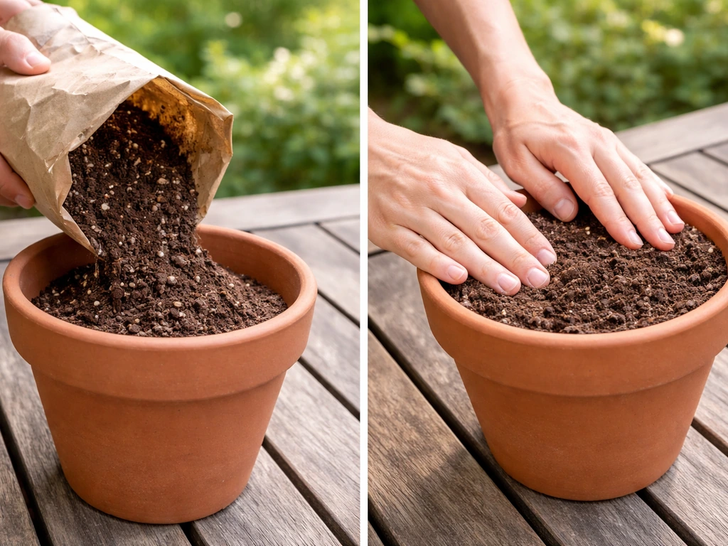 Bagged potting mix being poured into a container and leveled for planting flowers.