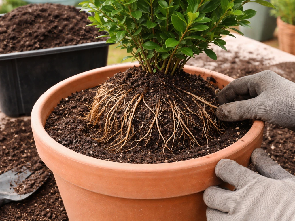 Root ball loosened and set at correct depth in a container pot.