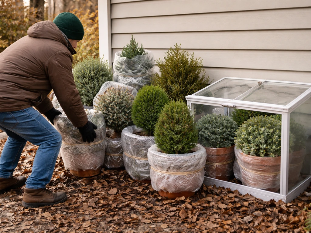 Potted shrubs grouped and protected for overwintering near a structure.