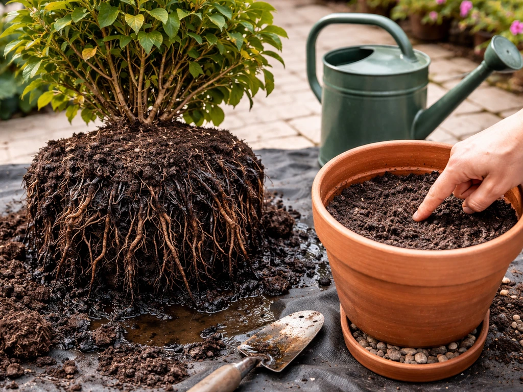 Exposed roots showing root-rot damage from overwatering in a pot.