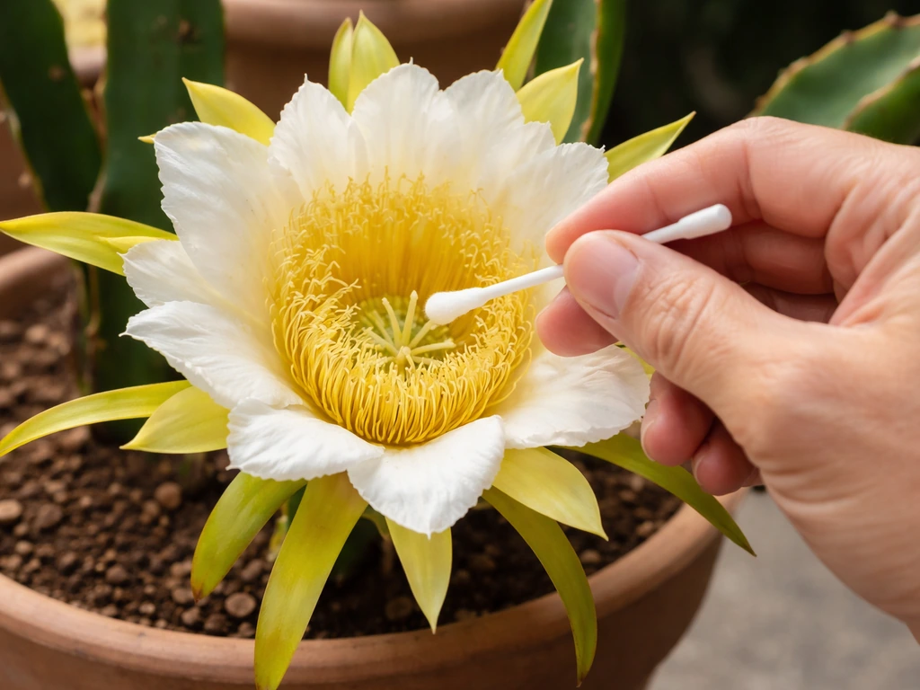 Hand using a small brush to pollinate a freshly opened dragon fruit flower on a potted cactus
