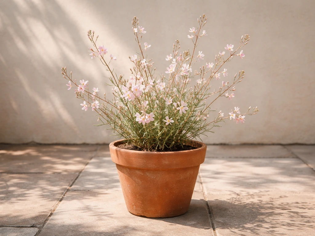 Gaura flowers blooming in a terracotta pot on a sunny patio