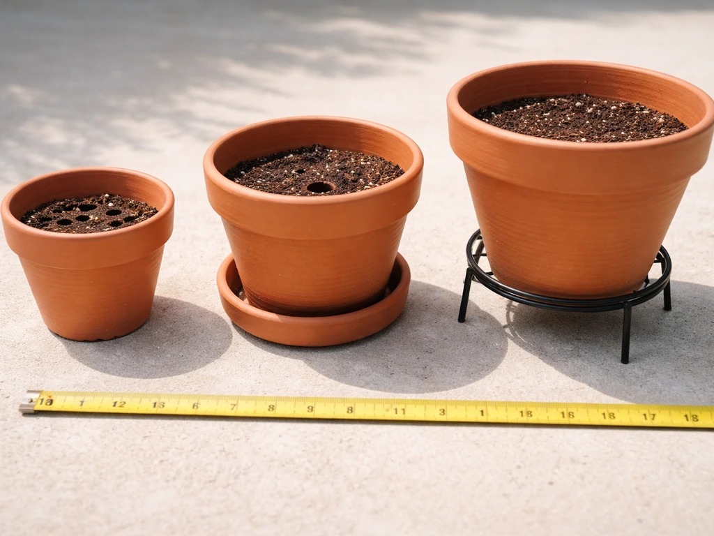 Three terracotta pots on a patio with visible drainage holes and a tape measure showing 12–16 inch range.