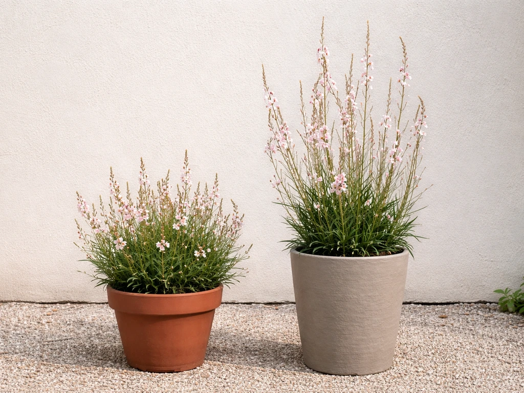 Two potted gaura plants side-by-side, one compact and one much taller, showing scale difference in containers.