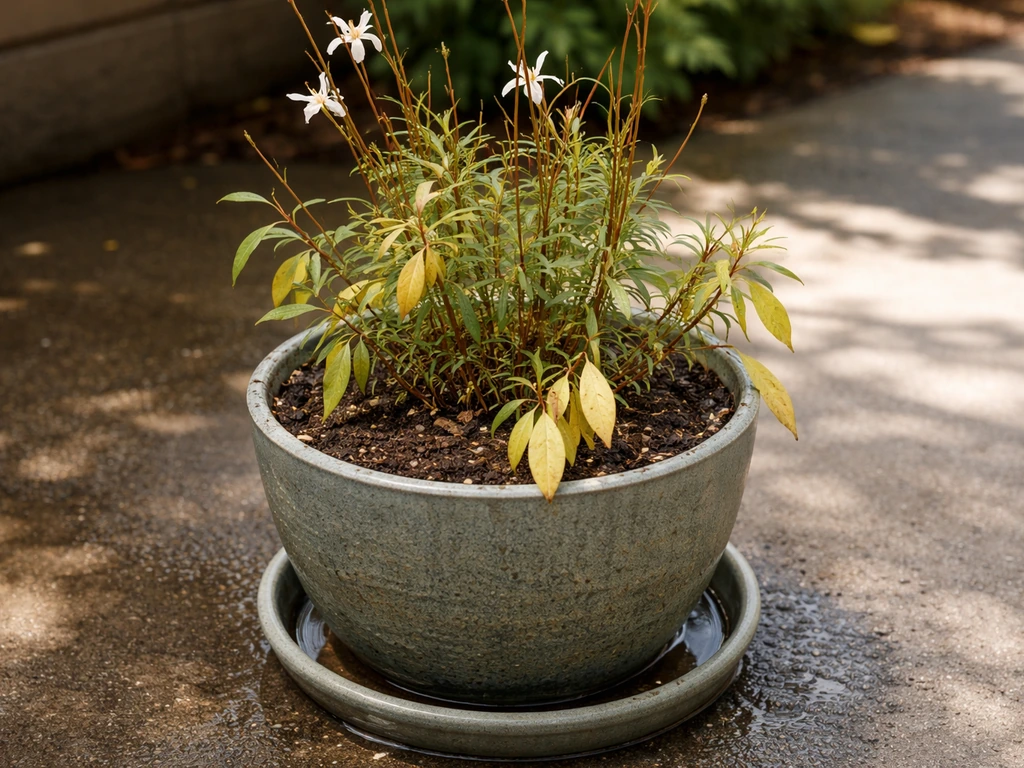 Gaura in a patio container with yellowing leaves and damp, compacted soil suggesting overwatering.