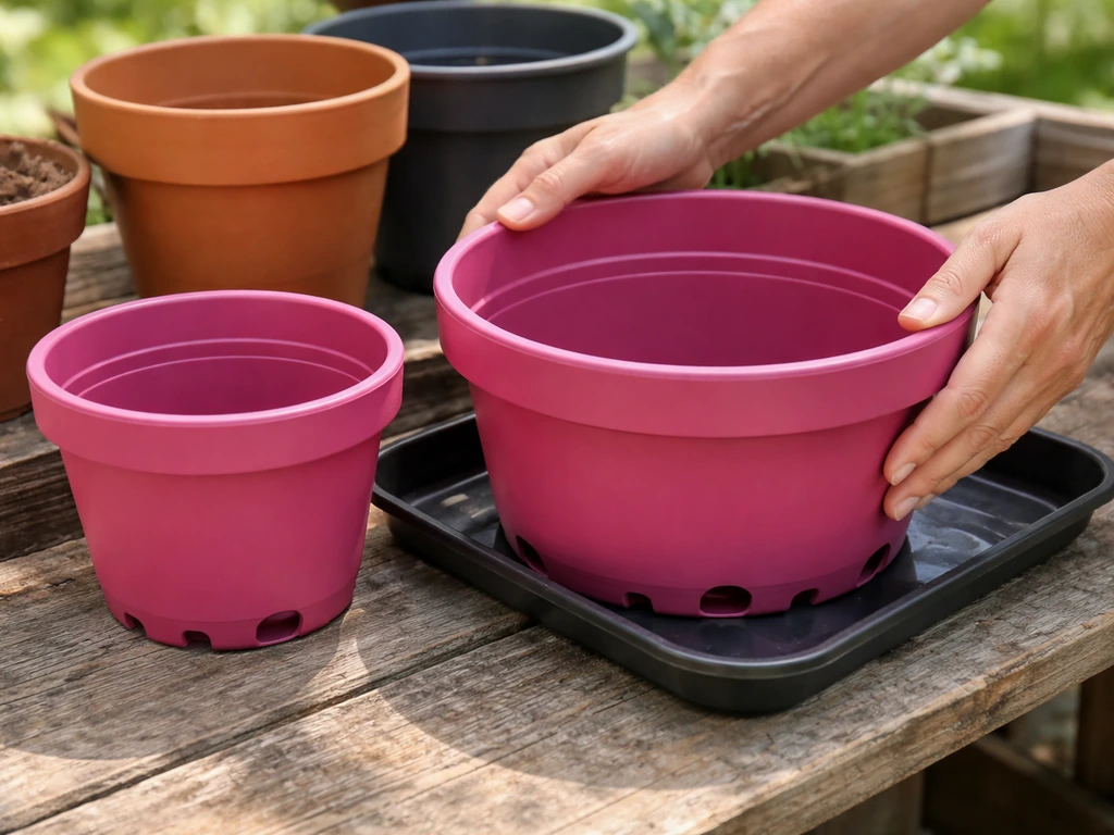 Close-up of fuchsia plant pots of different sizes, showing drainage holes and terracotta vs plastic.