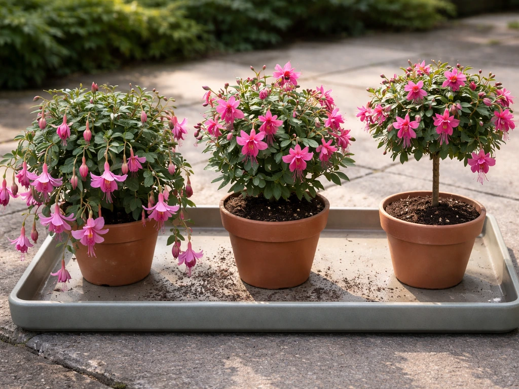 Three fuchsia plants in small pots on a patio tray: trailing, upright, and standard-style varieties.