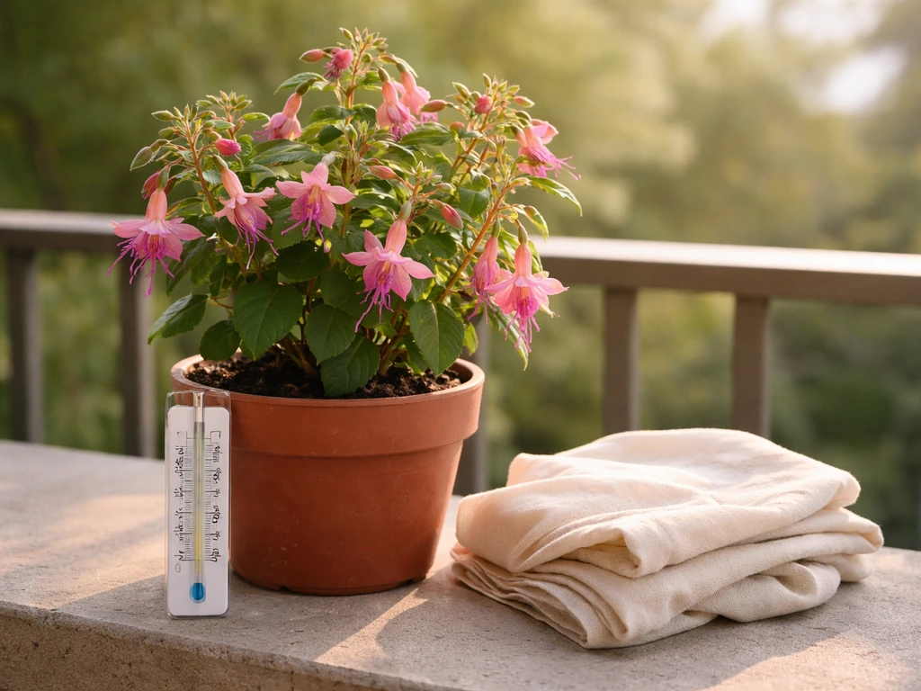 Potted fuchsia on a balcony in filtered morning light, with a small thermometer nearby on a ledge.
