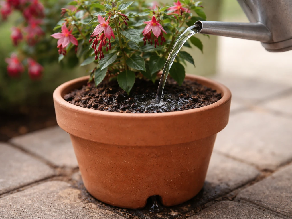 Slow watering can pour into a potted fuchsia until water runs from the drainage holes
