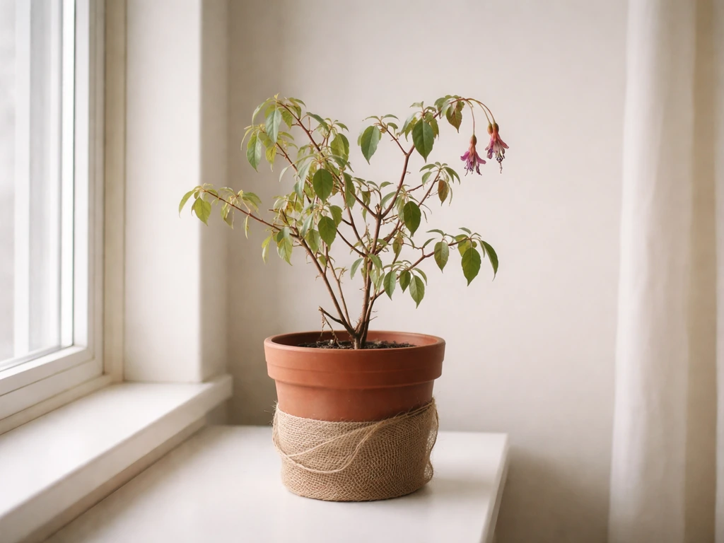 A potted fuchsia in winter dormancy indoors on a windowsill, sparse leaves and protected base.