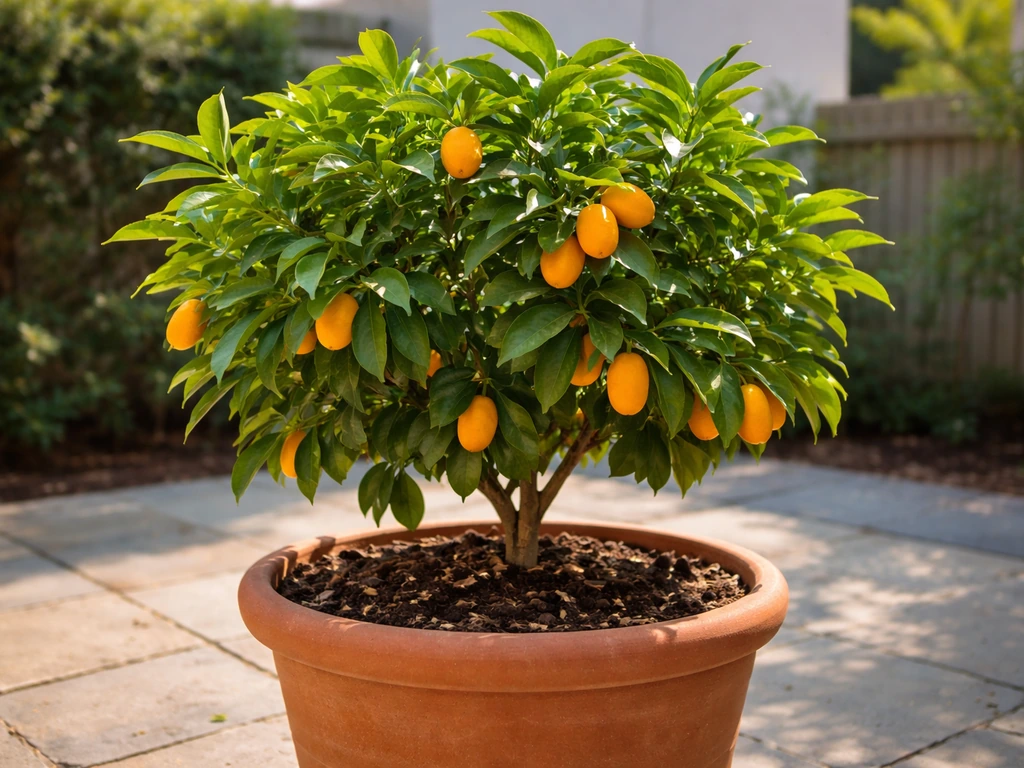 Healthy kumquat tree with ripe fruit in a large terracotta pot on a sunny patio.