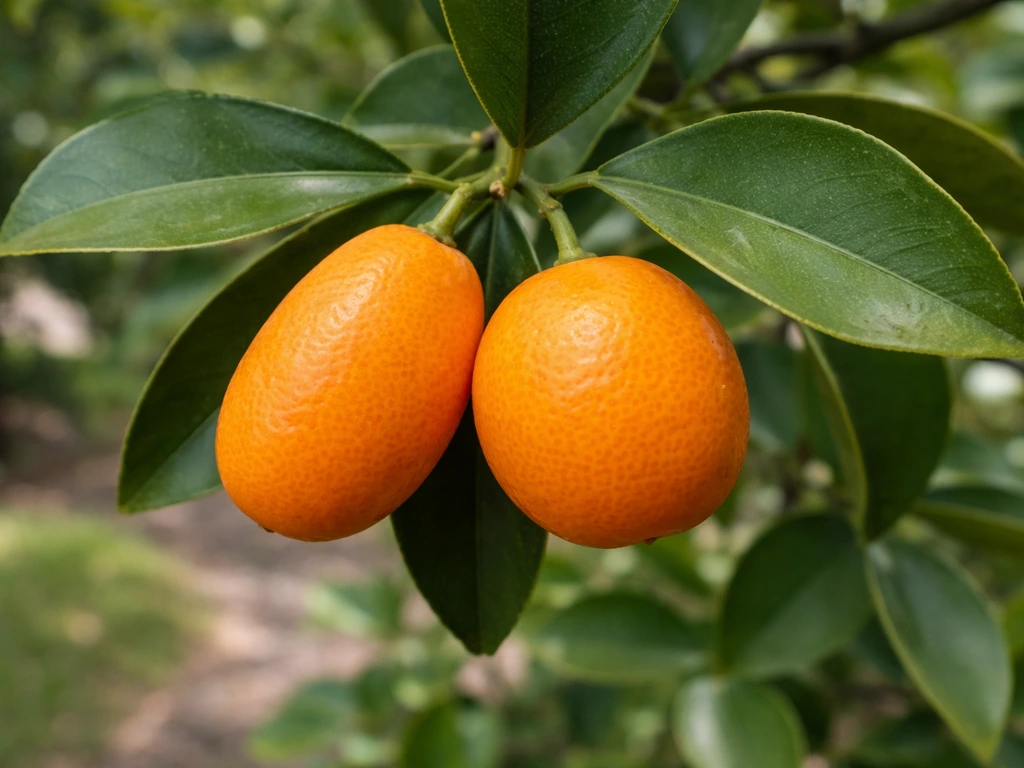 Close-up of two kumquat varieties on a tree branch, oval and round fruits beside each other.