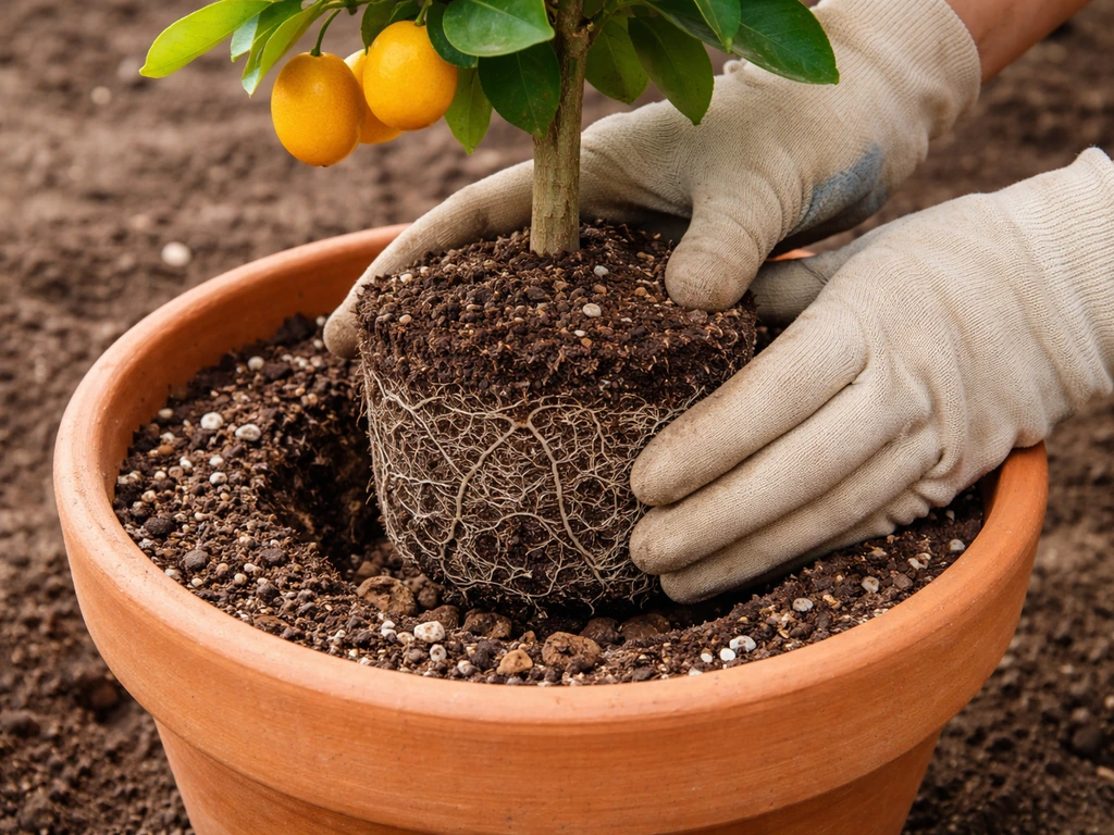 Hands placing a kumquat root ball into a citrus potting mix in a container with visible drainage