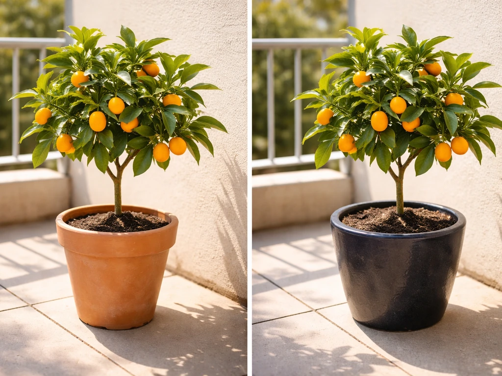Potted kumquat tree on a sunny patio corner soaking up bright direct sunlight.