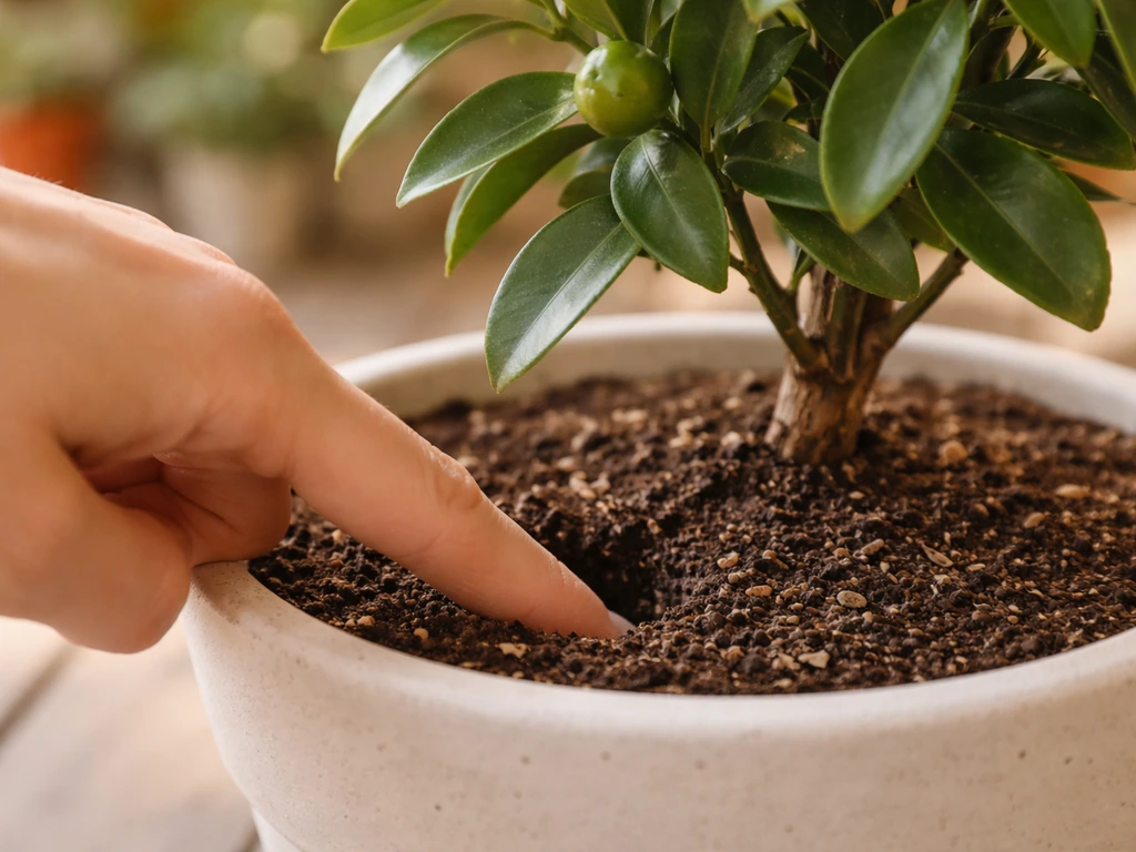 A hand presses a finger into the soil of a potted kumquat to check moisture before watering.