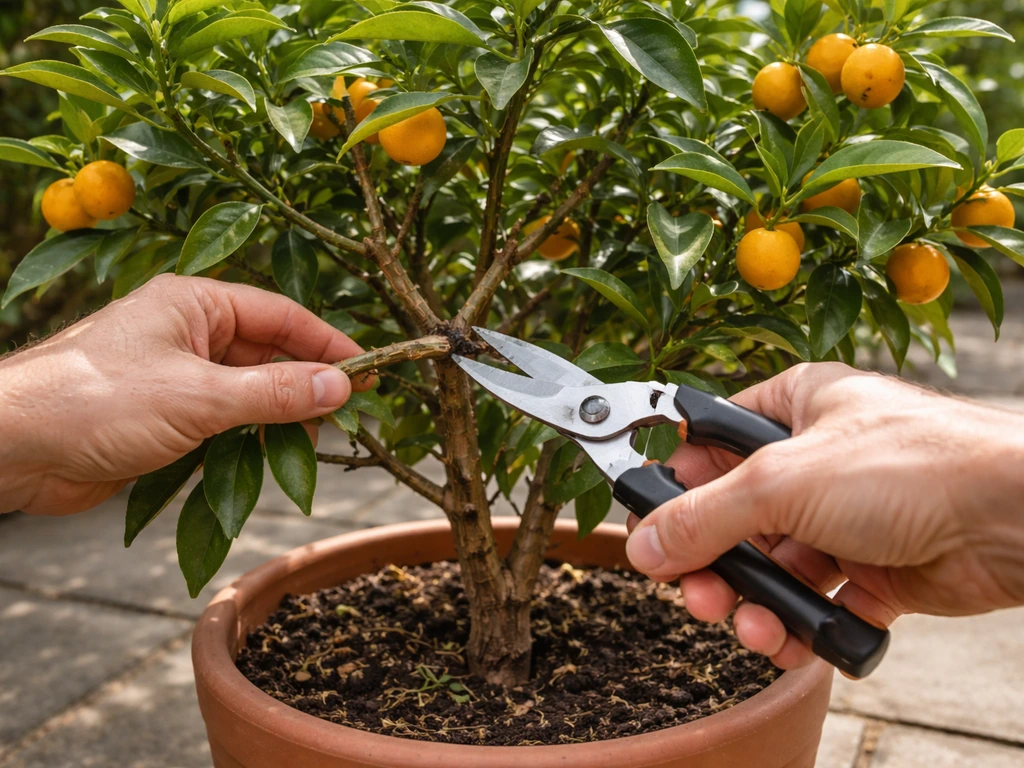 Hands pruning a potted kumquat tree, removing dead and crossing branches for an open canopy